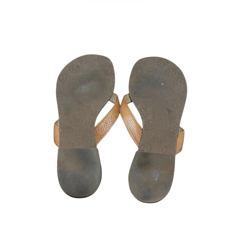 Tory Burch Thora Leather Logo Flip Flop Sandals Brown Gold Medallion Size 9